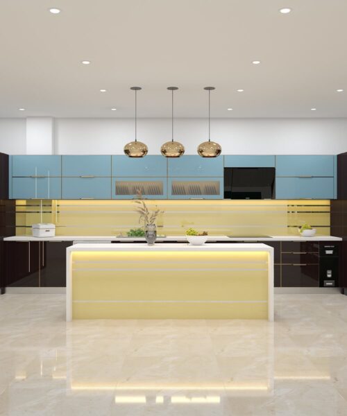 Tủ bếp inox cánh kính chữ U